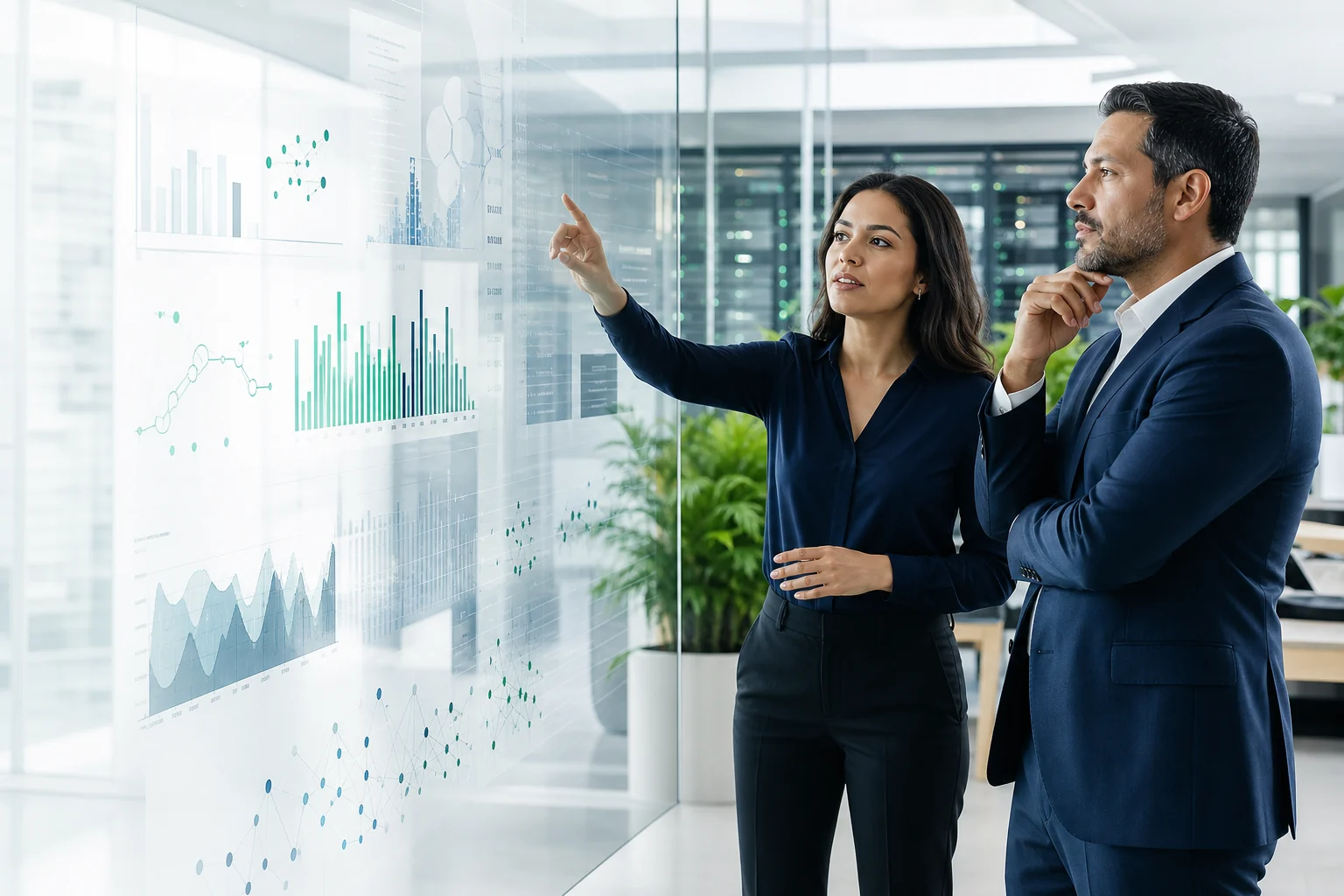 Especialistas analizando datos y tableros de negocio