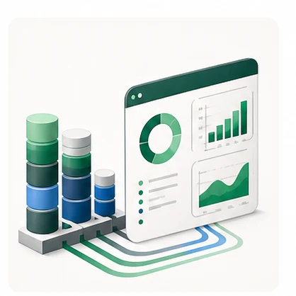 Ilustración de datos que alimentan un tablero de decisiones